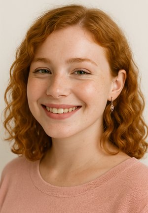 Giovane donna con capelli rossi ricci, che indossa un maglione rosa e orecchini pendenti, sorridendo dolcemente su uno sfondo neutro chiaro.
