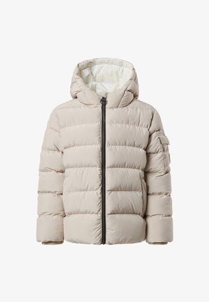 Hellbeige Steppjacke mit Kapuze, die horizontale Steppnähte, einen vorderen Reißverschluss und gerippte Bündchen aufweist. Glatte Textur mit seitlichen Taschen.