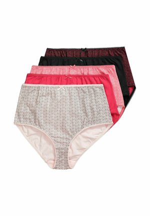 Set di quattro culotte hipster da donna in vari colori: nero, rosa scuro, rosa chiaro con motivo e rosa uniforme; presenta un bordo in pizzo e fiocchi.