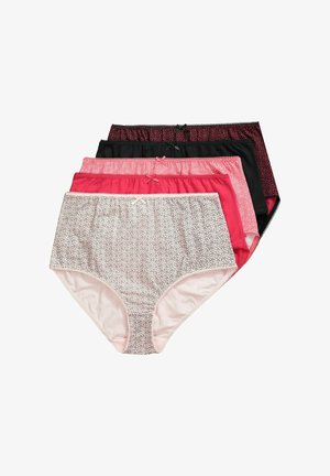 Sæt af fire kvinders hipster-trusser i forskellige farver: sort, mørk pink, lyserød med mønster og ensfarvet pink; har blonder og sløjfer.