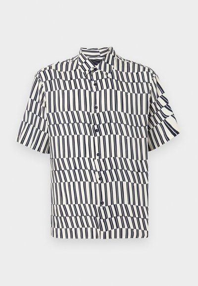 Short-sleeve button-up shirt in cream with navy vertical stripes, featuring a wave pattern, classic collar, and regular fit design.