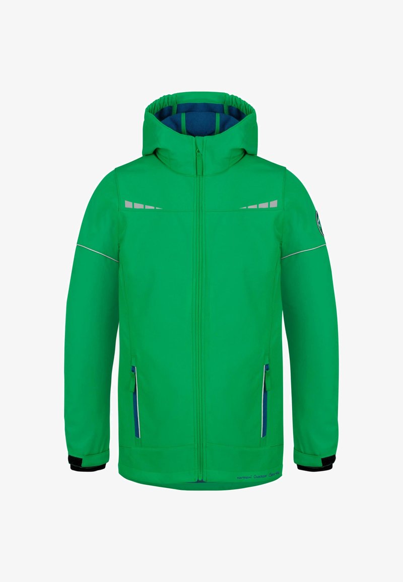 Leuchtend grüne Outdoor-Jacke mit Reißverschluss vorne, verstellbarer Kapuze, silbernen Akzenten und zwei Seitentaschen. Hergestellt aus wasserabweisendem Material.