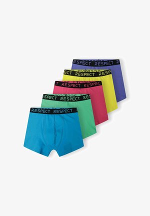 Kuusi paria boxer-alaosia sinisessä, vihreässä, vaaleanpunaisessa, keltaisessa, violetissa ja punaisessa. Jokaisessa on musta vyötärö, jossa on keltainen "RESPECT"-painatus.