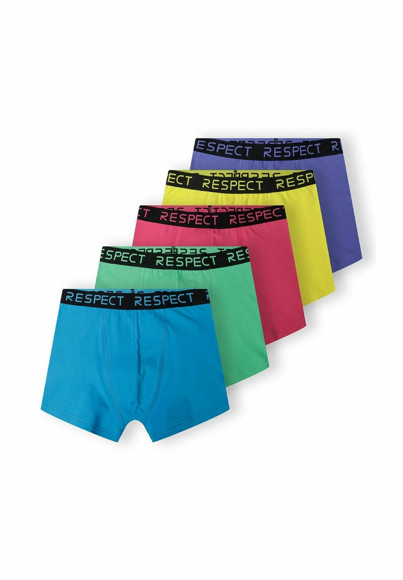 Șase perechi de boxeri în culorile albastru, verde, roz, galben, mov și roșu. Fiecare dintre ei are un brâu negru pe care este imprimat cuvântul "RESPECT" în galben.