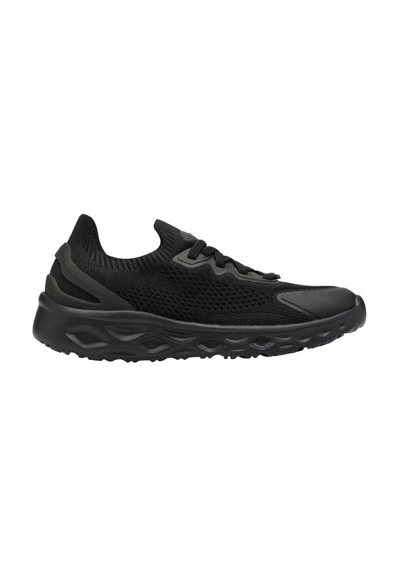 Baskets de sport noires avec une tige en maille respirante, un design à lacets, une semelle rembourrée et des accents texturés, présentant une forme moderne et épurée.