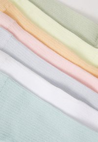 Set of six cotton textile strips in soft colors: mint green, white, light gray, pink, yellow, and orange, with a textured ribbed pattern.