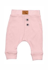 Paalroze geribde babybroekjes met een zachte elastische tailleband, twee knopen aan de voorkant en een bruine leren label met logo.