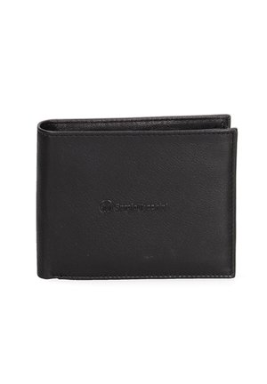 Black leather wallet with a textured surface, bi-fold design, and subtle logo on the front. Compact shape and refined stitching detail.