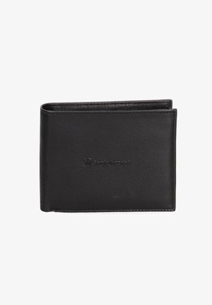 Zwarte leren portemonnee met een gestructureerd oppervlak, dubbele vouwontwerp en subtiele logo aan de voorkant. Compacte vorm en verfijnde stiksels.