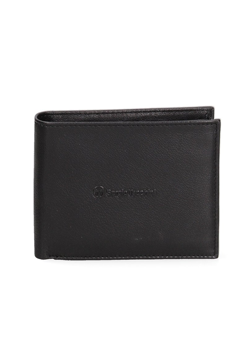 Portafoglio in pelle nera con superficie testurizzata, design bi-fold e logo discreto sulla parte anteriore. Forma compatta e dettagli di cucitura raffinati.