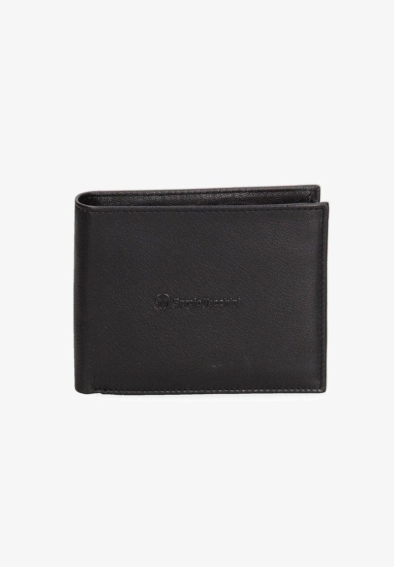 Portafoglio in pelle nera con superficie testurizzata, design bi-fold e logo discreto sulla parte anteriore. Forma compatta e dettagli di cucitura raffinati.