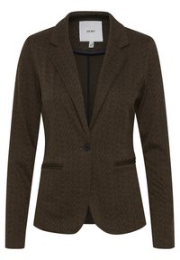 Blazer marron à motif chevrons avec revers crantés, fermeture à un bouton noir, et deux poches avant passepoilées, étiquette ICHI, taille petite.