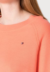 Maglione in maglia corallo con collo rotondo. Presenta bordi a coste e un logo ricamato in rosso, bianco e blu sul petto.