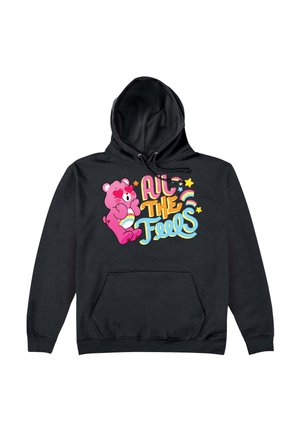 Schwarzer Hoodie mit einem pinken Bären-Graphic und buntem Text, der "All the Feels" liest, sowie Sternen- und Regenbogen-Design. Vordertasche enthalten.