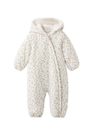 Combinaison de neige pour bébé à motifs floraux en crème, avec une capuche en peluche, des poignets élastiqués, une fermeture éclair à l'avant et une doublure douce pour la chaleur.