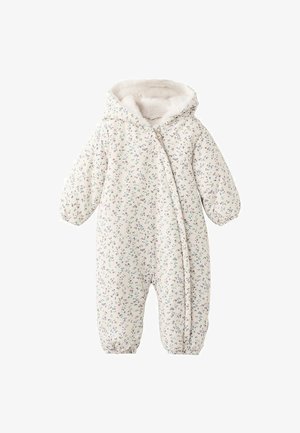 Monosuit para bebé con patrón floral en color crema, que presenta una capucha de felpa, puños elásticos, cremallera delantera y un forro suave para mantener el calor.