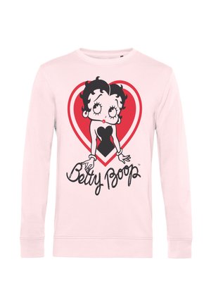 Hellrosa Sweatshirt mit der Cartoonfigur Betty Boop in einem schwarzen Kleid vor einem roten Herz-Hintergrund und dem Schriftzug "Betty Boop" darunter.