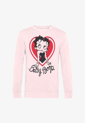 Felpa rosa chiaro con un personaggio dei cartoni animati Betty Boop in un vestito nero e uno sfondo di cuori rossi con il testo "Betty Boop" sotto.