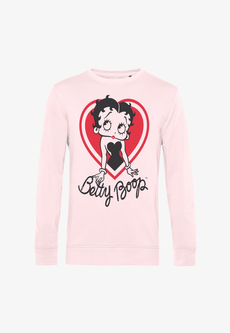 Lichtroze sweatshirt met een Betty Boop cartoonfiguur in een zwarte jurk en een rode hartachtergrond met de tekst "Betty Boop" eronder.