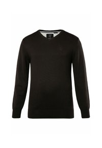 Ciemnobrązowy sweter w serek z długimi rękawami, o ribbed teksturze, z haftowanym logo na klatce piersiowej. Wykonany z dzianiny.