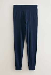 Marineblaue Leggings aus geripptem Stoff, mit enger Passform, elastischem Bund und Bündchen am Saum für eine optimale Passform.