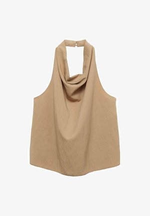 Beige sleeveless halter top with a draped neckline and back tie closure, made from a lightweight, textured fabric.