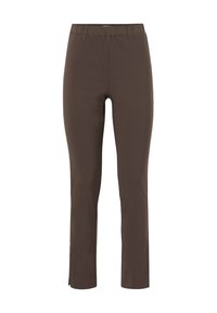 Pantalons marron, extensibles, à enfiler, avec une coupe slim et des fentes aux chevilles. Le tissu a une texture lisse ; la taille est élastique pour un confort optimal.