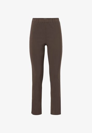 Pantaloni marroni elasticizzati, da indossare senza chiusure, con vestibilità slim e spacchetti all'altezza della caviglia. Il tessuto ha una consistenza liscia; la vita è elastica per una vestibilità comoda.
