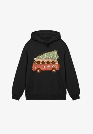 Black hoodie featuring a graphic of a red vintage van transporting a decorated Christmas tree, with floral patterns and "Groovy Christmas" text.