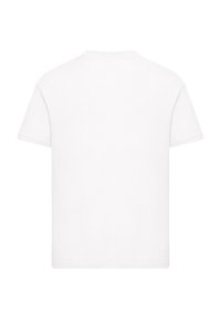 White cotton T-shirt with short sleeves, round neckline, and a smooth texture. No visible patterns or graphics. Simple, clean design.