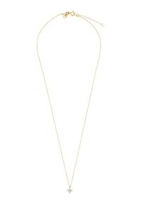Złoty naszyjnik łańcuszkowy o delikatnym wzorze i małym, gwiazdkowym wisiorku ozdobionym przezroczystymi kamieniami szlachetnymi.