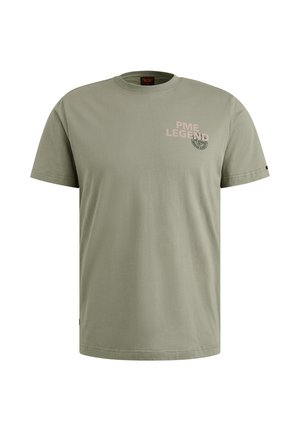 Khaki katoenen T-shirt met een ronde hals, korte mouwen en bedrukte roze tekst "PME LEGEND," met een logo afbeelding op de borst.