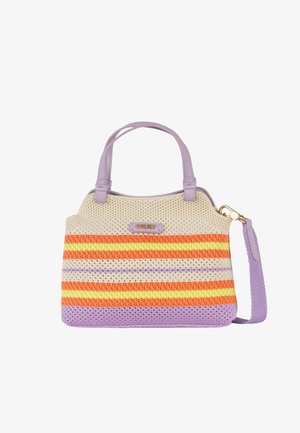 Pequeño bolso tejido con rayas en crema, naranja, amarillo y lavanda, asas en lavanda y una correa de hombro desmontable.