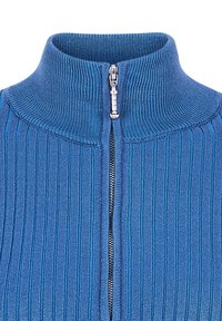 Blått, ribbat tyg, hög krage design med dragkedja framtill. Texturerad yta med vertikala linjer.