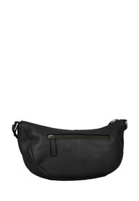 Borsa a spalla in pelle nera con texture a granuli, forma curvata, chiusura a zip superiore e tasca esterna con zip. Dettagli in metallo color argento.