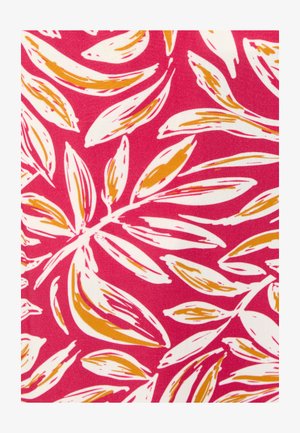 Motifs de feuilles blanches et jaune moutarde disposés sur un fond de tissu rose vif.