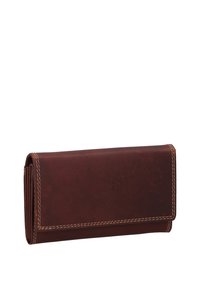 Braunes Lederportemonnaie mit glatter Oberfläche, gefaltetem Design und Kontrastnähten. Verfügt über mehrere Fächer für Karten und Bargeld.