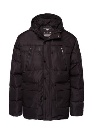 Czarna kurtka puchowa z kapturem, z zamkiem błyskawicznym na kieszeni piersiowej, dwiema przednimi kieszeniami i zapięciem na napy. Teksturowany materiał z przeszywaną wyściółką.
