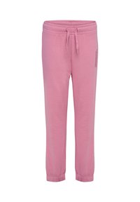 Pantalones jogger de algodón rosa con cinturilla elástica, cordón ajustable y puños acanalados. Presentan un pequeño logo impreso en el costado.