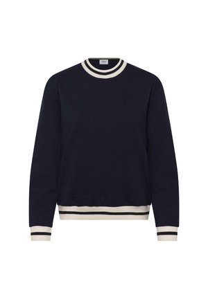 Sudadera marina con cuello redondo y puños de canalé. El dobladillo presenta rayas contrastantes en blanco y marino. Fabricada en suave tejido de algodón.