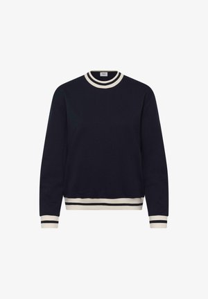 Sudadera marina con cuello redondo y puños de canalé. El dobladillo presenta rayas contrastantes en blanco y marino. Fabricada en suave tejido de algodón.