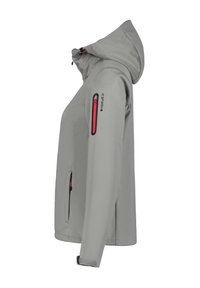 Veste gris clair avec une capuche, dotée de accents de zip rouge sur la poitrine et le bras. Design élégant avec des poignets ajustables. Texture lisse.