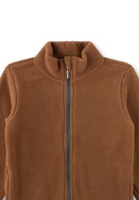 Braune Fleecejacke mit Reißverschluss und hohem Kragen, mit einem zentralen Reißverschluss und weicher Textur. Keine Taschen oder Muster sind sichtbar.