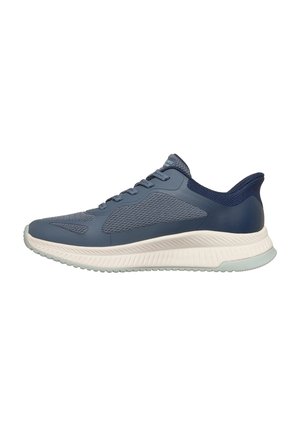 Blue athletic shoe with mesh and synthetic upper, laces, cushioned white midsole, and textured outsole for traction.