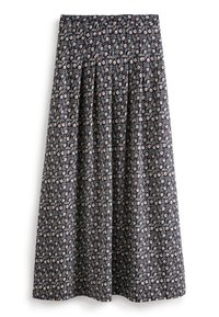 Falda midi floral de tejido azul marino con un diseño plisado, pequeñas flores en rosa y blanco, y una cintura ajustada.
