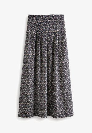 Jupe midi fleurie en tissu bleu marine avec un design plissé, de petites fleurs roses et blanches, et une taille ajustée.