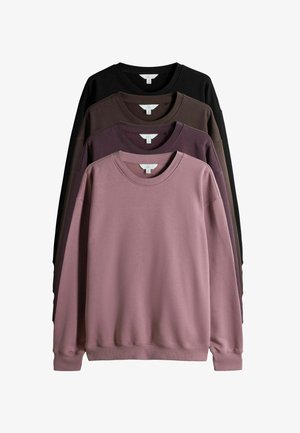 Súprava štyroch mikín s okrúhlym výstrihom v rôznych farbách: jemná ružová, tmavofialová, hnedá a čierna. Zmes bavlny, voľný strih. Rebrované manžety a spodný lem.