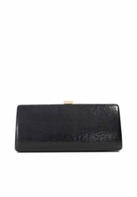 Black rectangular clutch purse with a textured surface, featuring a subtle wave pattern and a gold clasp closure. Smooth finish.