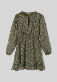 Robe florale vert olive avec une taille smockée, longues manches évasées et décolleté en V. Elle présente un ourlet à volants et de délicats motifs blancs.