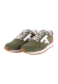 Green suede and mesh athletic shoes with white accents and pink laces, featuring a rubber sole and rounded toe design.